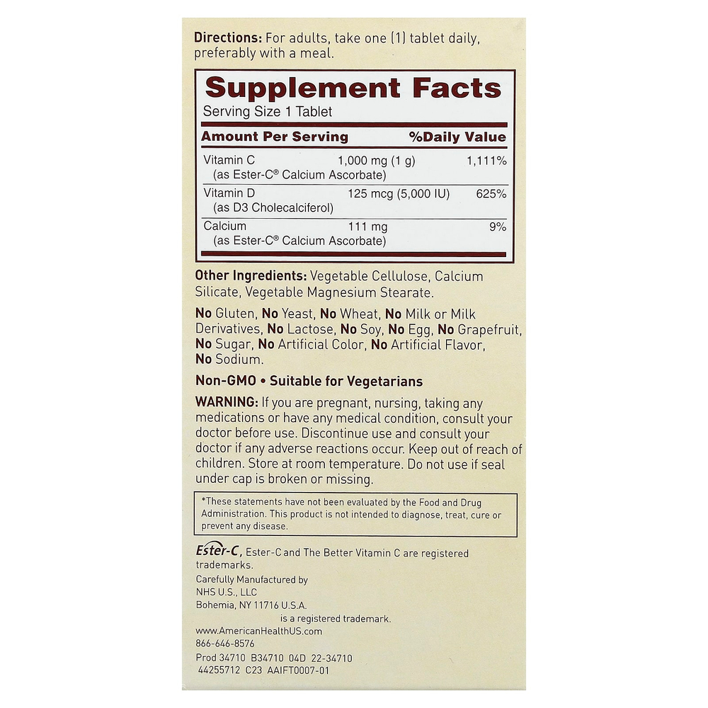 American Health, Ester-C® с витамином D3, 60 вегетарианских таблеток