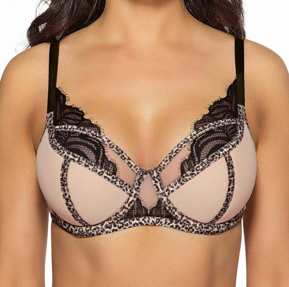 Бюстгальтер на косточках с отделкой кружевом и леопардовым кантом (Размер: 65G) (Цвет: телесный)