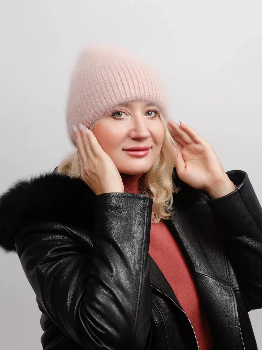 шапка вязаная бини ангора теплая демисезонная с отворотом