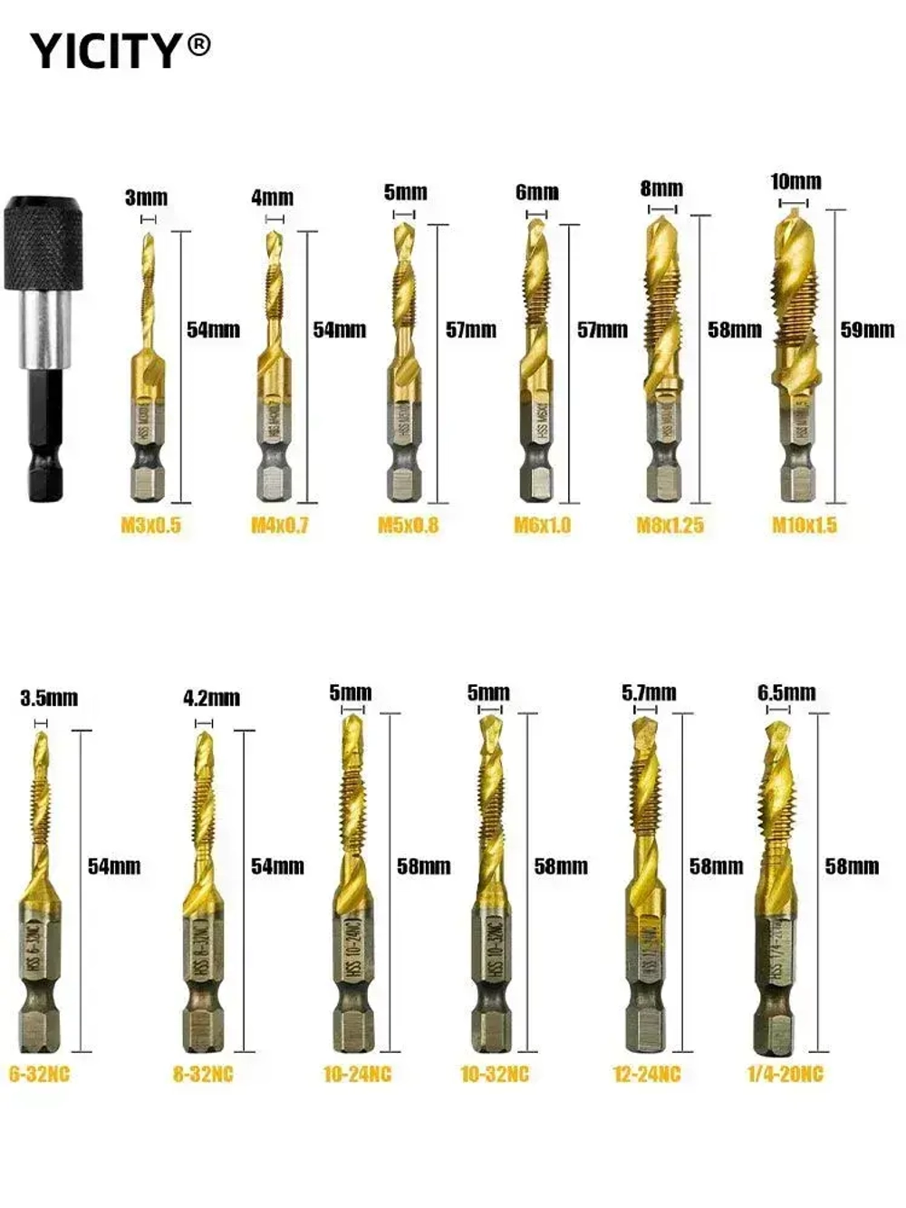 YICITY Набор сверл-метчиков длинные с титановым покрытием из быстрорежущей стали / В наборе 13шт
