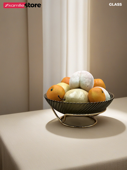 Блюдо-фруктовница 24 см. стекло с золотой обводкой, на металлической подставке