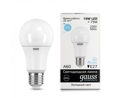 Лампа Gauss Elementary ЛОН A60 E27 10W(950lm) 6500K 6K 111x60 матовая, пластик/алюминий 23230
