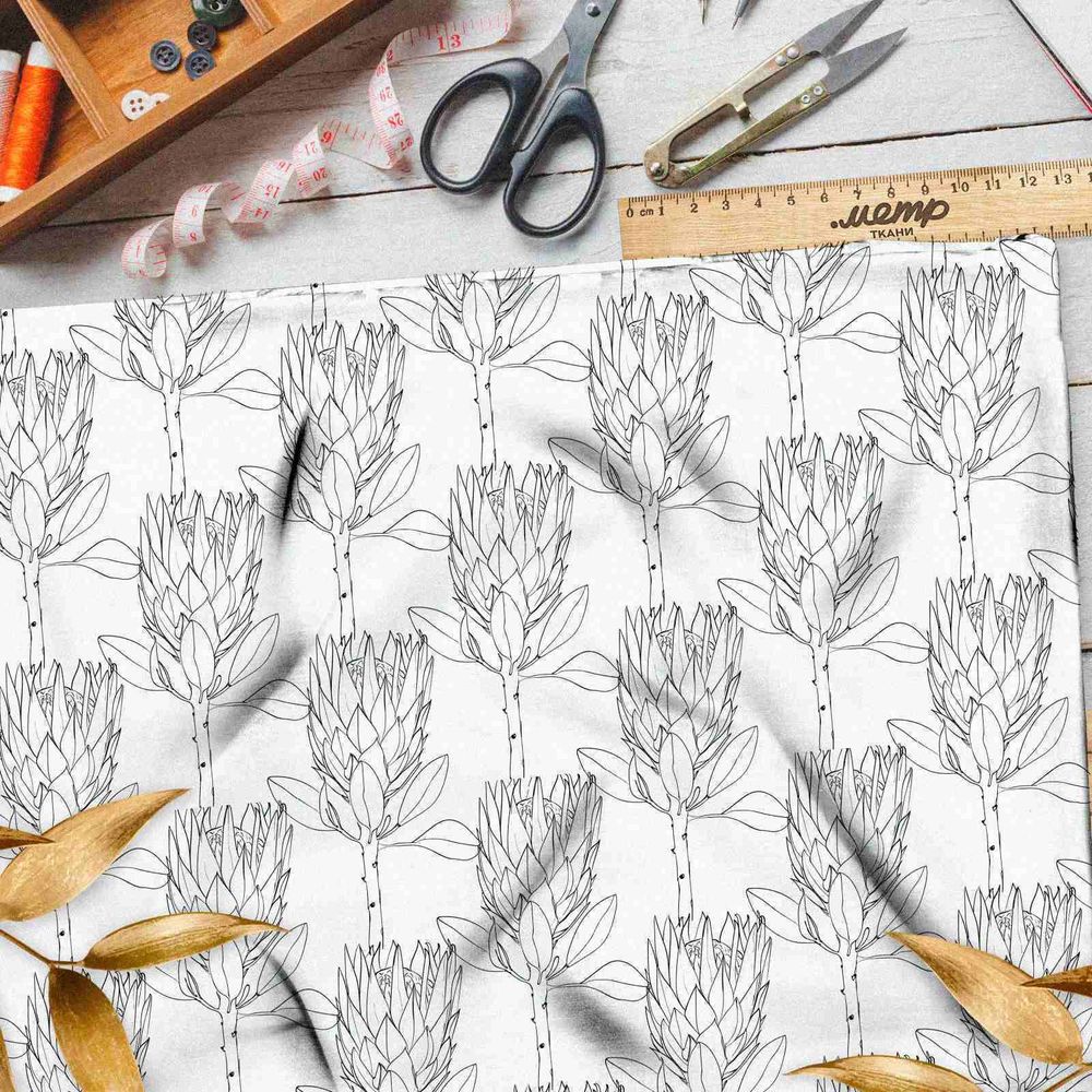 Ткань атлас тонкие цветочные силуэты