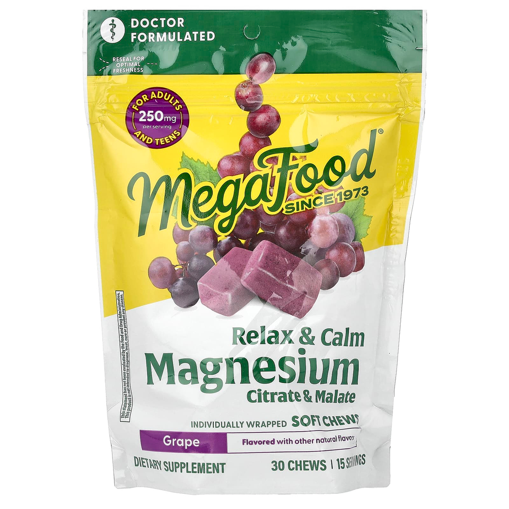 MegaFood, магний, цитрат и малат, виноград, 30 жевательных таблеток в индивидуальной упаковке (125 мг в 1 шт.)