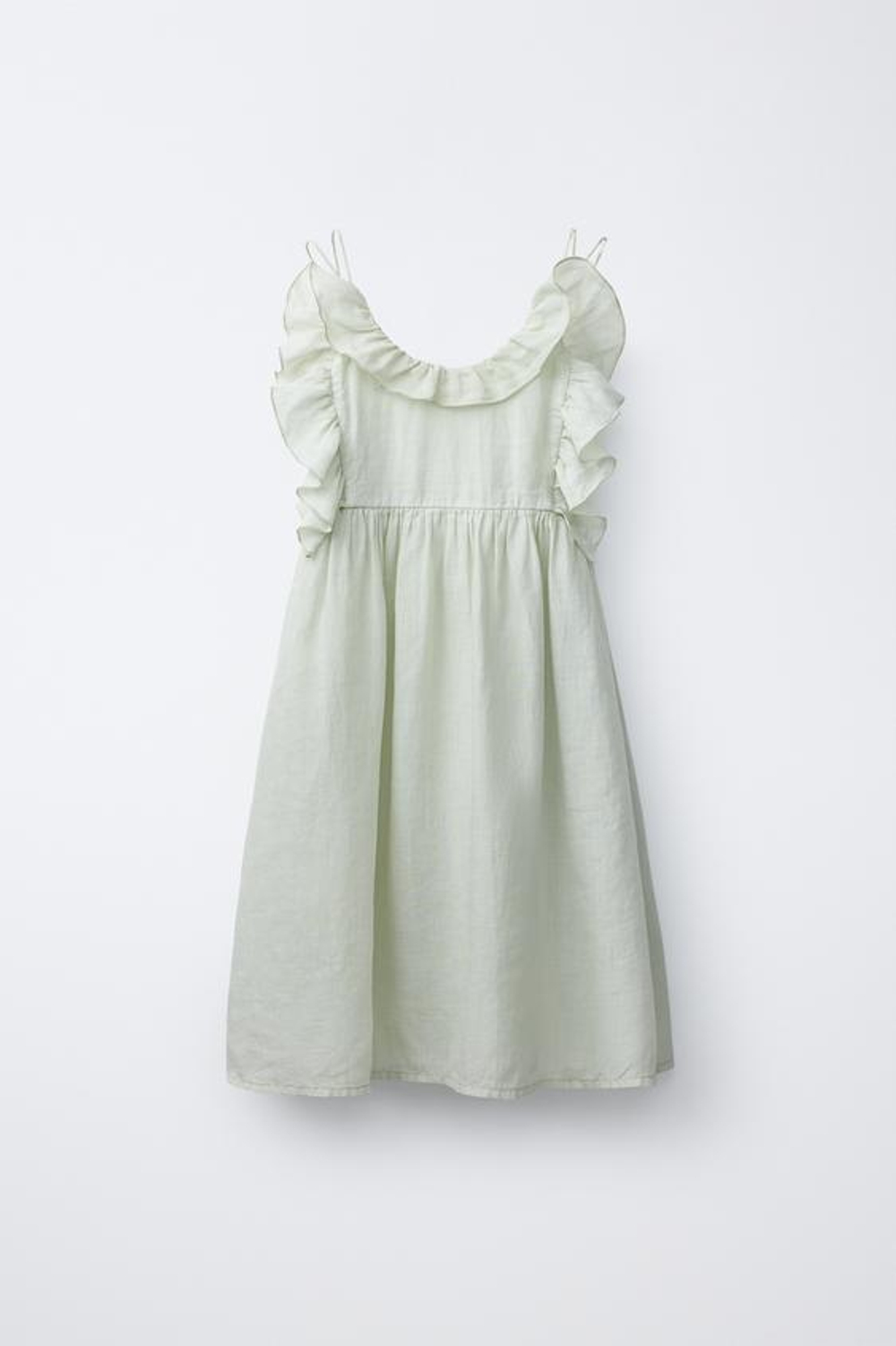 ZARA ПЛАТЬЕ ИЗ 100% РАМИ С ВОЛАНАМИ, ПАСТЕЛЬНО-ЗЕЛЕНЫЙ