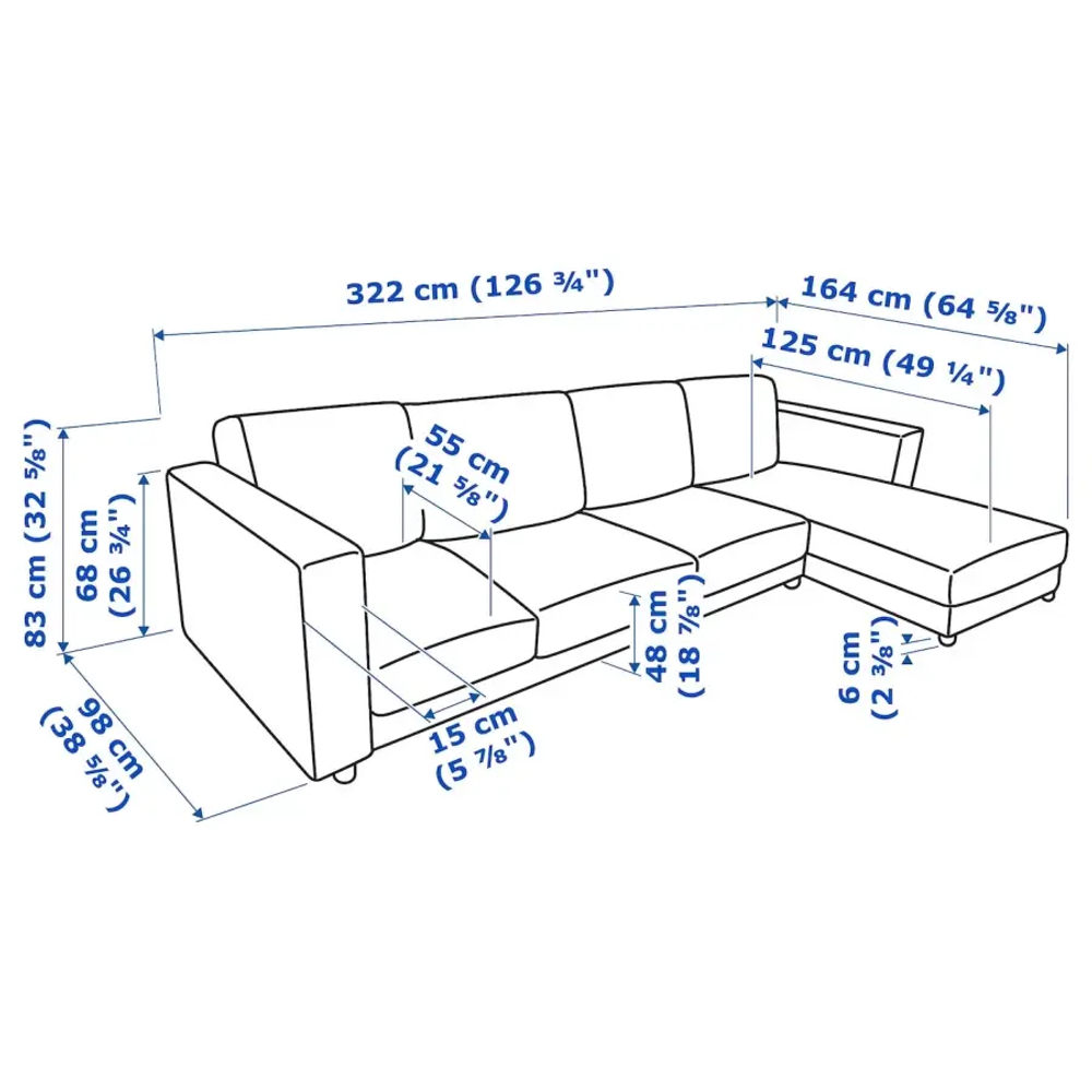 Угловой 4-местный диван с шезлонгом - IKEA VIMLE/ВИМЛЕ ИКЕА, 322х164х68 см, бежевый
