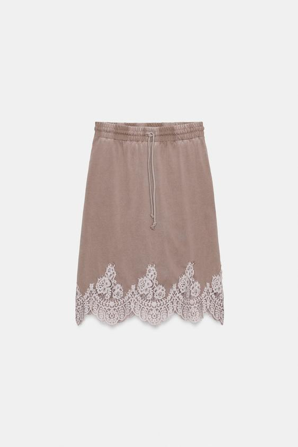 ZARA ЮБКА ИЗ ВЫЦВЕТШЕЙ ТКАНИ С КРУЖЕВНОЙ ОТДЕЛКОЙ, СЕРО-КОРИЧНЕВЫЙ
