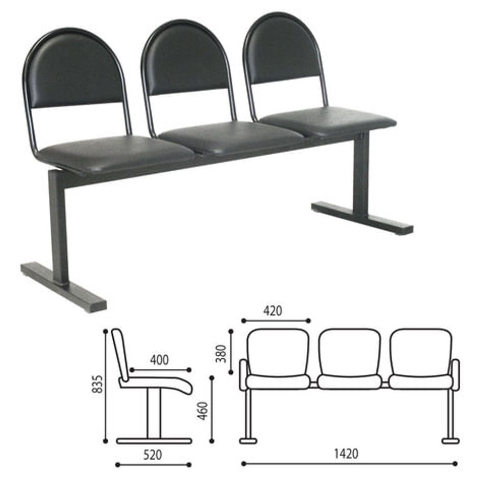 Кресло для посетителей трехсекционное &quot;Тройка&quot;, 835х1420х520, черный каркас, черный кожзам, 91-03 К01