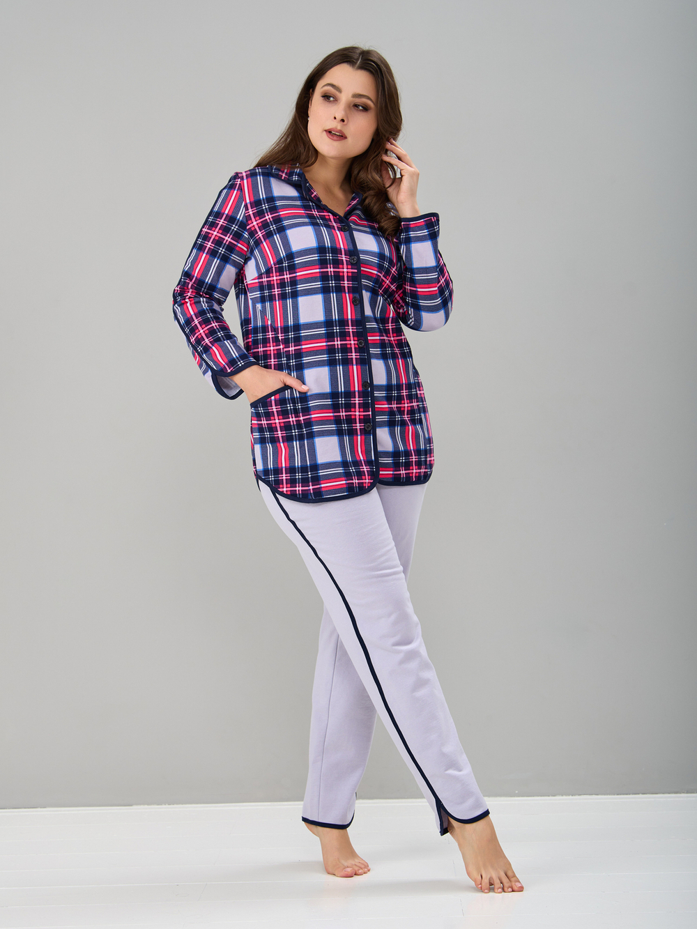 Пижама с брюками КБ-002/клеткасерая-малина