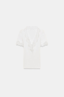 ZARA ФУТБОЛКА В РУБЧИК С КРУЖЕВОМ, БЕЛЫЙ