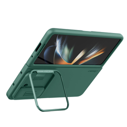 Чехол зеленого цвета покрытый жидким силиконом от Nillkin для Samsung Galaxy Z Fold 5, серия CamShield Silky Silicone Case (Stand Version) (версия с подставкой)