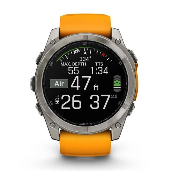 Garmin Fenix 8 Sapphire Amoled 51 мм – Титановый корпус, оранжевый/графитовый силиконовый ремешок