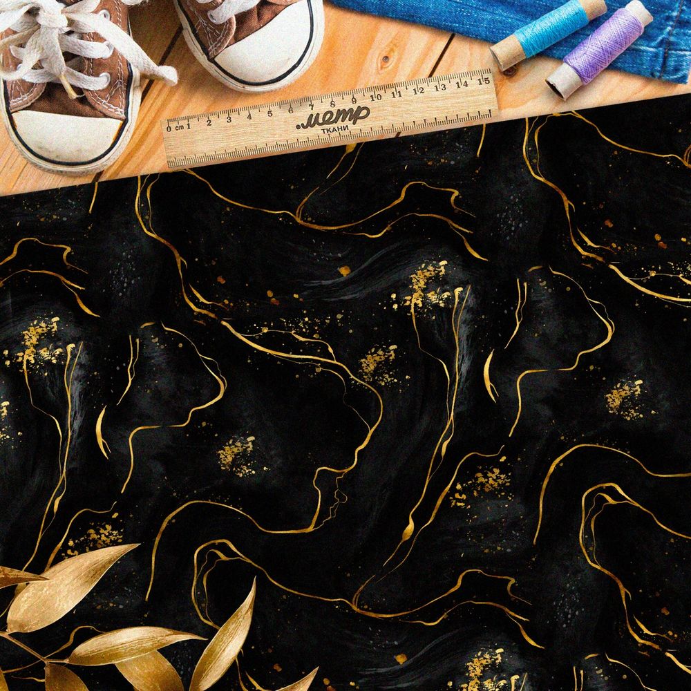 Ткань оксфорд 600 жидкое золото на чёрном фоне