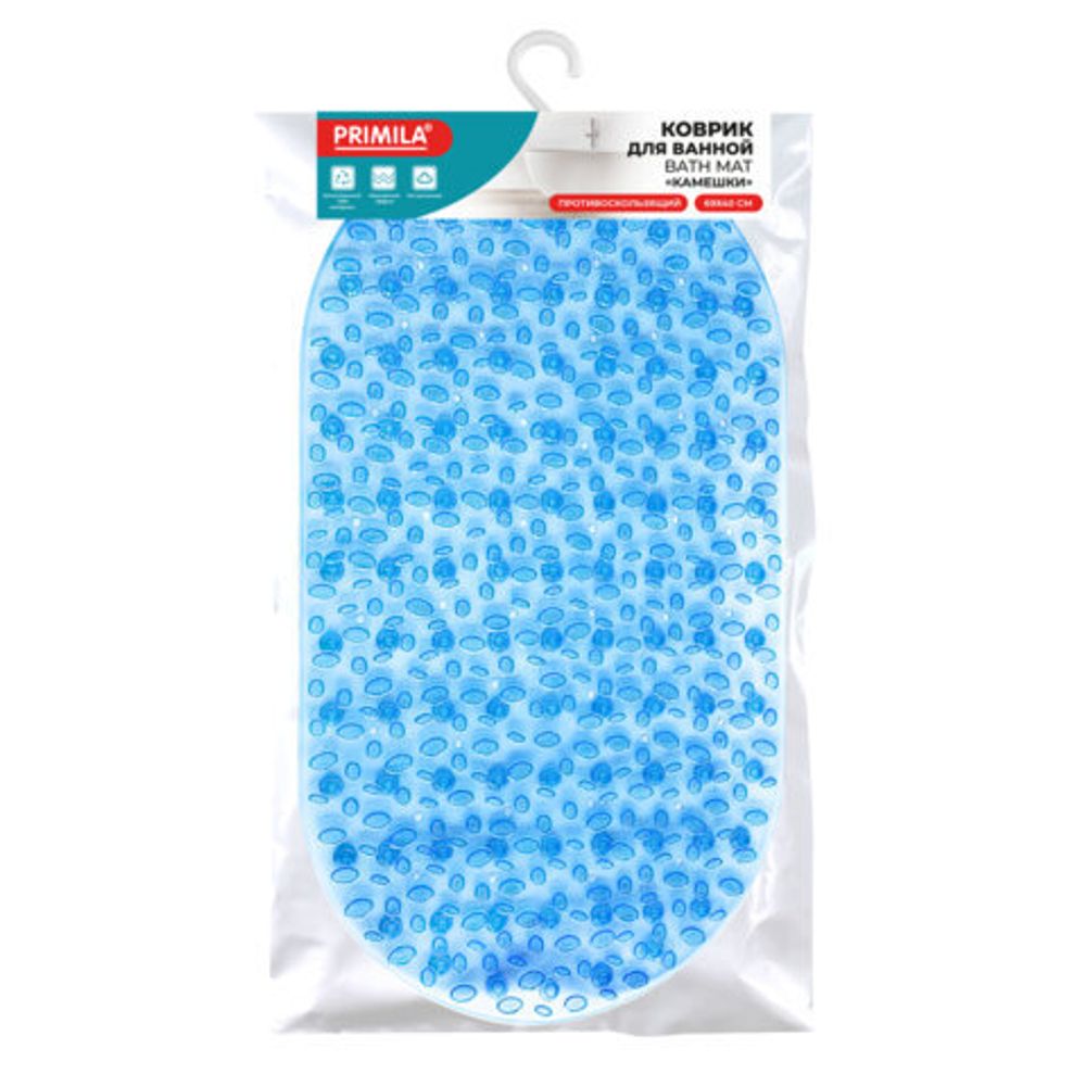 Коврик для ванны противоскользящий 69х40 см, "Камешки", овальный, прозрачно-голубой, ПВХ, PRIMILA (ПРИМИЛА), 700368