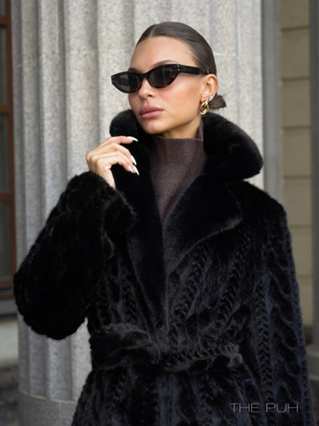 Длинная черная шуба из эко-меха