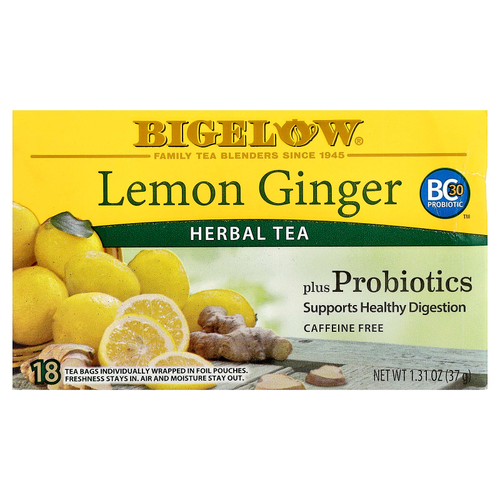 Bigelow, травяной чай с пробиотиками, лимон и имбирь, без кофеина, 18 чайных пакетиков, 37 г (1,31 унции)