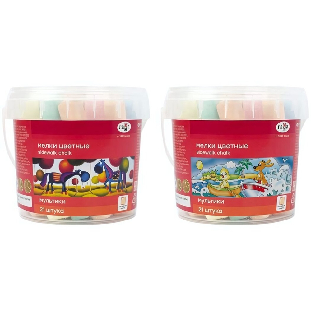 Мел для асфальта 7цв. 21шт. "Мультики" квадратные, пластиковое ведро (Гамма)