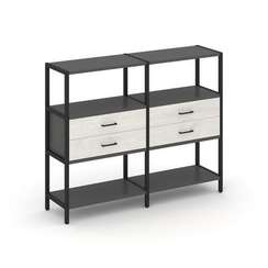 Shelf System Двухсекционный стеллаж трехярусный с ящиками SN.STM-322 Антрацит/Дуб Наварра/Металл Чер