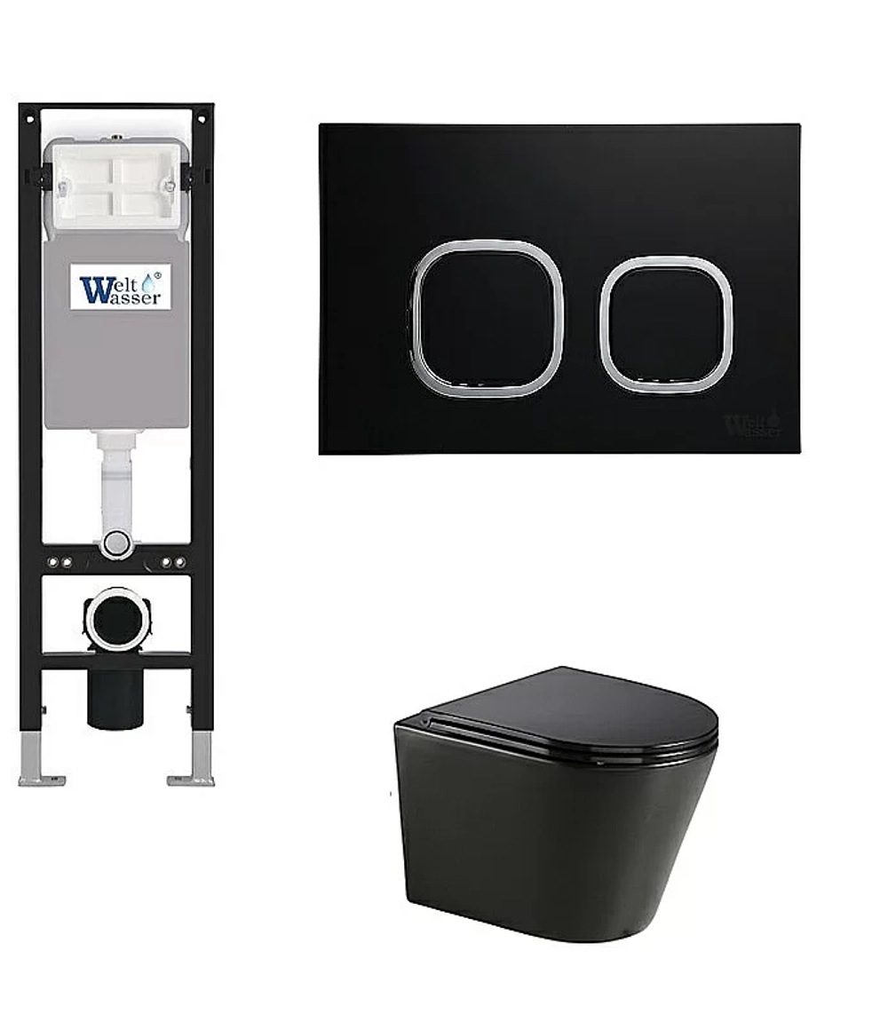 Унитаз с инсталляцией WeltWasser AMBERG 350+SALZBACH 043 GL-BL+AMBERG RD-BL черный/кнопка черная, безободковый, с крышкой микролифт, слив торнадо