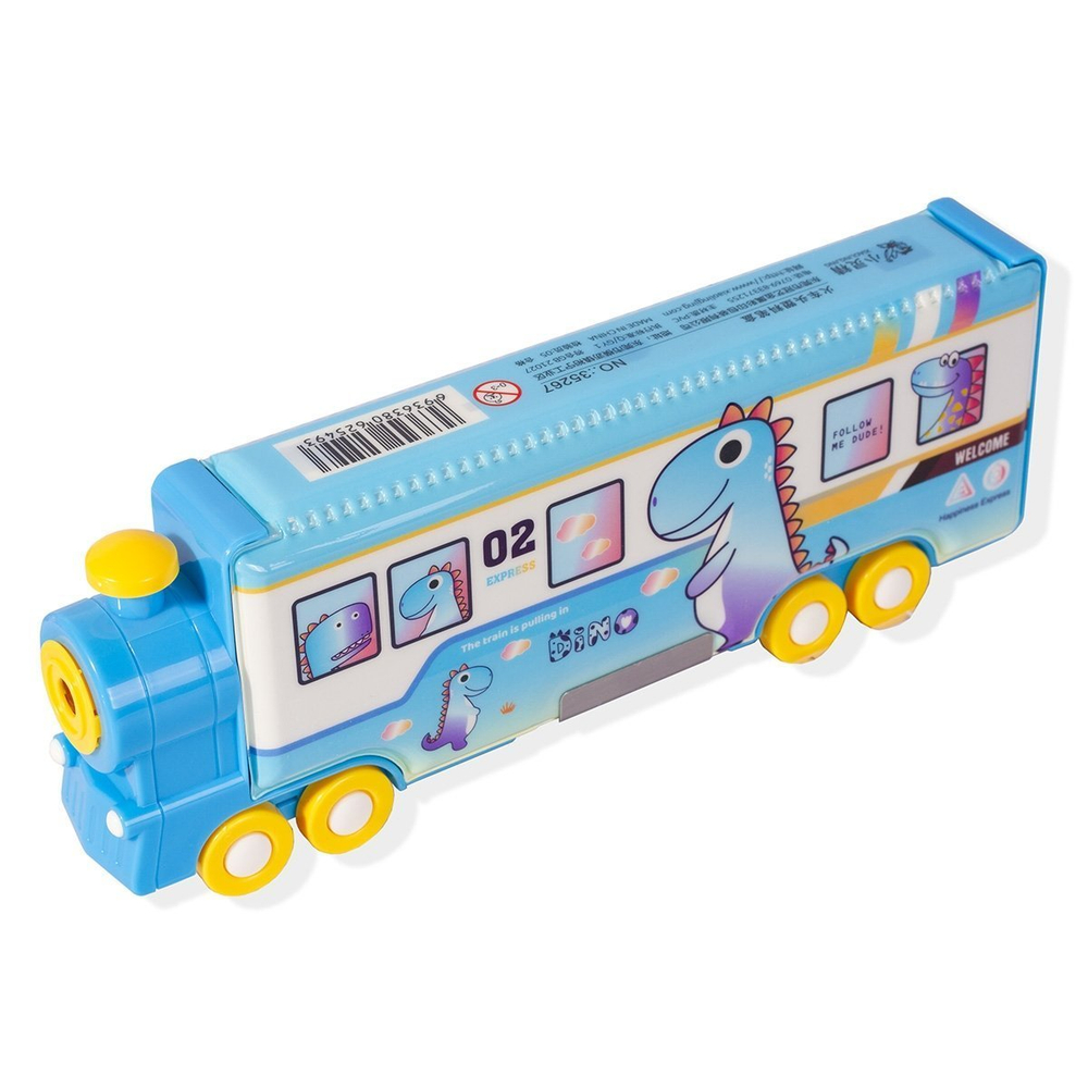 Пенал 2 отделения Alingar, форма - поезд, пластик, точилка, на магните, 70 х 240 мм, "Динозавр", голубой (динозаврики в поезде)