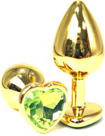 Золотистая анальная пробка с салатовым кристаллом-сердцем - 7 см. (Цвет: салатовый)