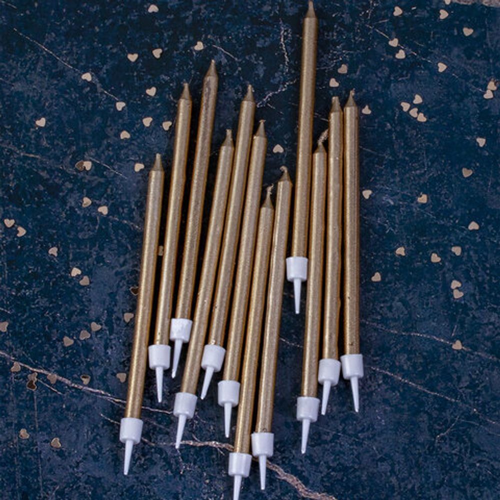 Набор свечей для торта 12 шт., 10 см, с держ., золотой металлик, ЗОЛОТАЯ СКАЗКА, в блистере, 591452