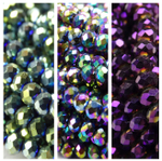 Хрустальные бусины "рондель", комплект из трех цветов: зеленый металлик, разноцветный металлик, фиолетовый металлик, размер: 2х3 мм, общее количество: 290-300 бусин.