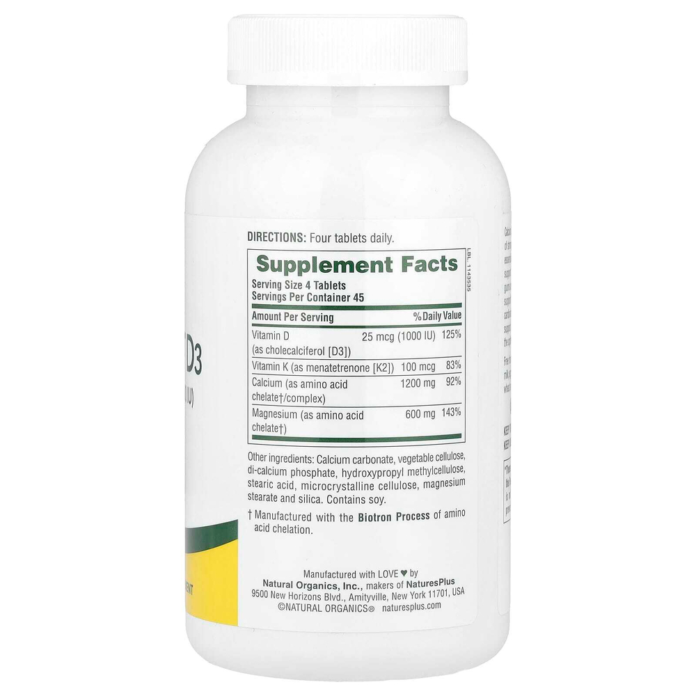 NaturesPlus, комплекс с кальцием, магнием, витаминами D3 и К2, 180 таблеток