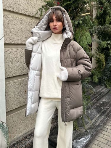 Пуховик двухсторонний в цвете капучино с капюшоном