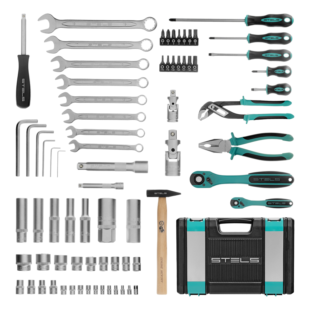 Набор инструментов, 1/2", 1/4", CrV, 12 гранные головки, пластиковый кейс, 76 предметов Stels
