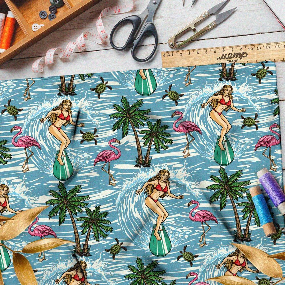 Ткань блэкаут сёрфинг, пальмы, черепахи и фламинго