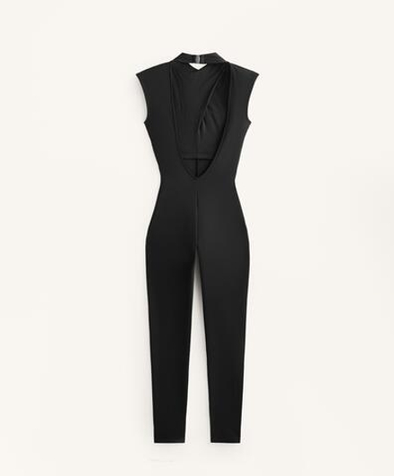 Oysho Длинный комбинезон Comfortlux с драпированным воротником, черный