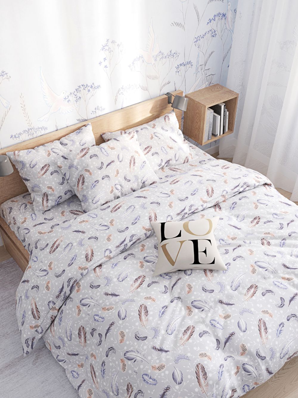 Постельное белье Сказка "Перышко" евро Наволочка 50х70 см 2 шт Простынь 240х215 см Пододеяльник 200х215 см, перкаль