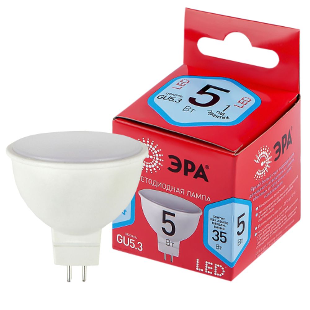 Лампа светодиодная ЭРА RED LINE LED MR16-5W-840-GU5.3 R GU5.3 5 Вт софит нейтральный белый свет | Лампы cветодиодные Точечные (Софиты) (MR, PAR)