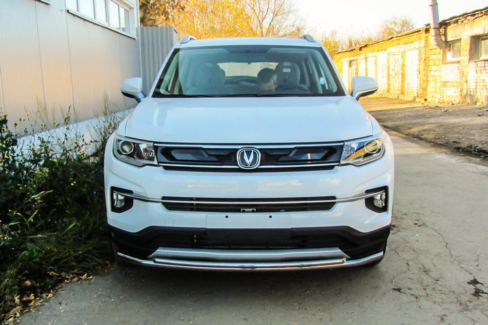 Защита переднего бампера (нержавейка) Changan CS35Plus (2018-2023) d42+d32 (черный)