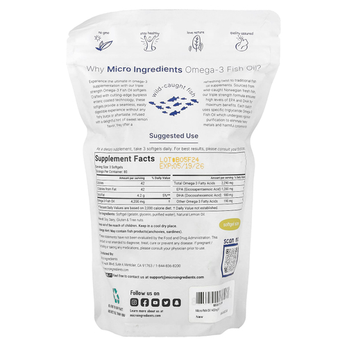 Micro Ingredients, рыбий жир с омега-3, тройная сила, лимон, 240 капсул (1400 мг в 1 капсуле)