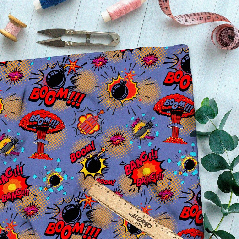 Ткань атлас звуки взрывов из комиксов на синем фоне