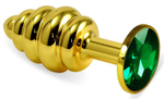 Золотистая ребристая анальная пробка с зеленым кристаллом - 7,5 см. (Цвет: зеленый)
