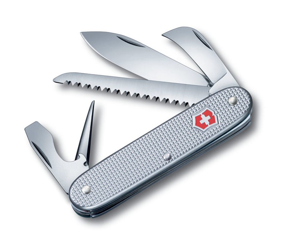 Качественный маленький брендовый фирменный швейцарский складной перочинный нож 93 мм , алюминиевая рукоять, серебристый 7 функций Victorinox Pioneer VC- 0.8150.26