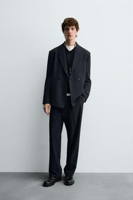 ZARA КОСТЮМНЫЕ БРЮКИ В ПОЛОСКУ, ТЕМНО-СИНИЙ