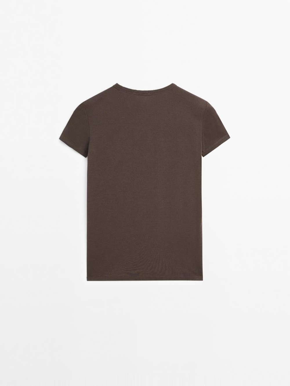 Massimo Dutti Футболка с короткими рукавами и окантовкой, коричневый
