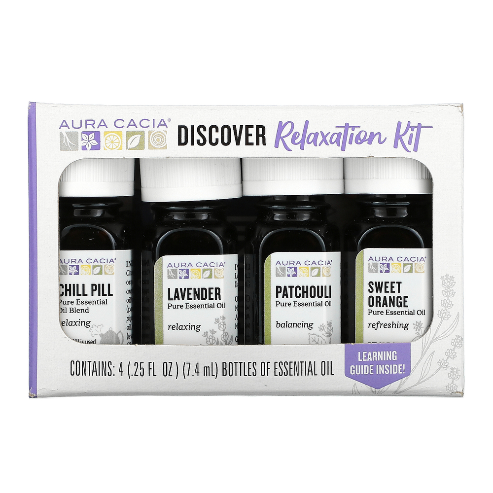 Aura Cacia, Discover Relaxation Kit, эфирные масла, 4 флакона по 7,4 мл (0,25 жидк. Унции)