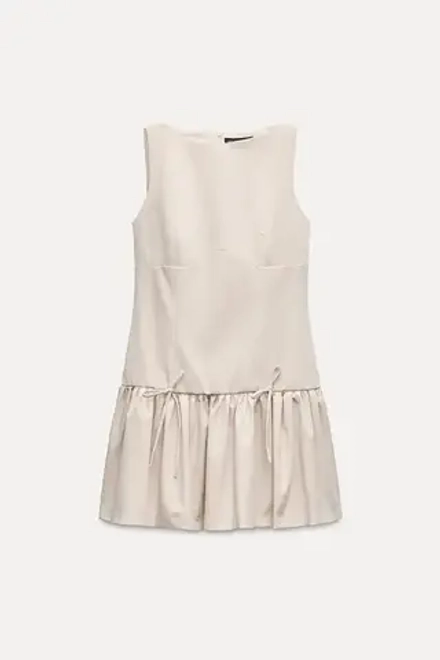 ZARA КОРОТКОЕ ПЛАТЬЕ С БАНТАМИ, СВЕТЛО-БЕЖЕВЫЙ