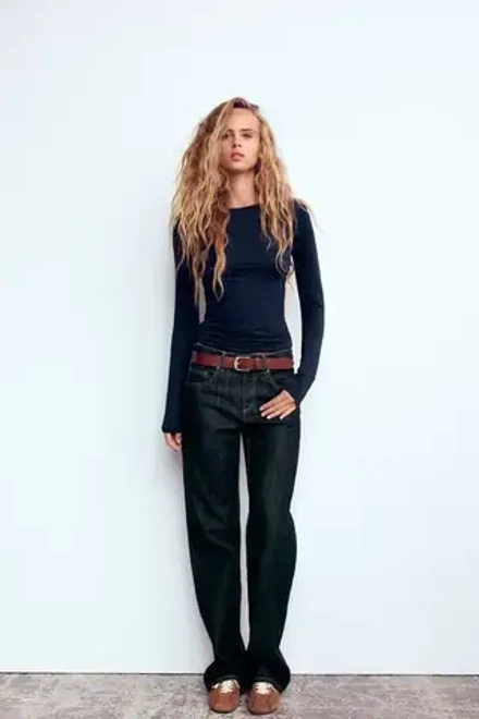 ZARA ТОП ИЗ ПОЛИАМИДА С ДЛИННЫМИ РУКАВАМИ, МОРСКОЙ СИНИЙ