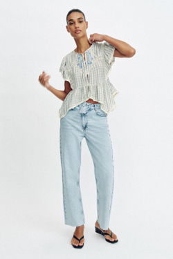 ZARA ТОП В КЛЕТКУ С ВЫШИВКОЙ И КРУЖЕВОМ, СИНИЙ/БЕЛЫЙ