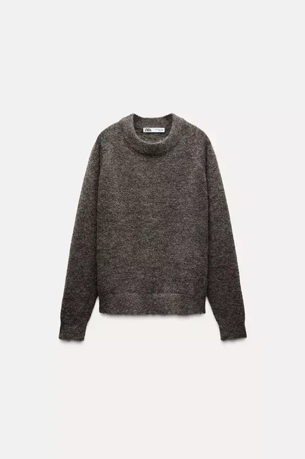 ZARA ОДНОТОННЫЙ СВИТЕР ИЗ ШЕРСТИ И АЛЬПАКИ, СЕРО-КОРИЧНЕВЫЙ