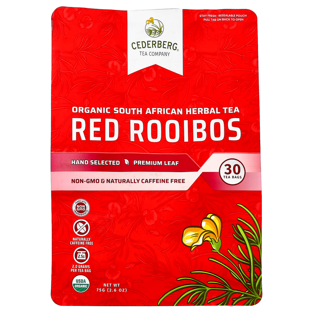 Cederberg Tea Co, органический южноафриканский травяной чай, красный ройбуш, без кофеина, 30 чайных пакетиков, 75 г (2,6 унции)