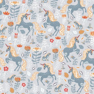 Единороги и цветы на сером. (Дизайнер Irina Skaska)