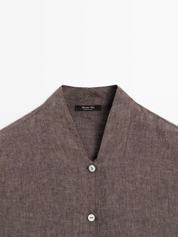 Massimo Dutti Рубашка с V-образным вырезом из 100% льна, коричневый