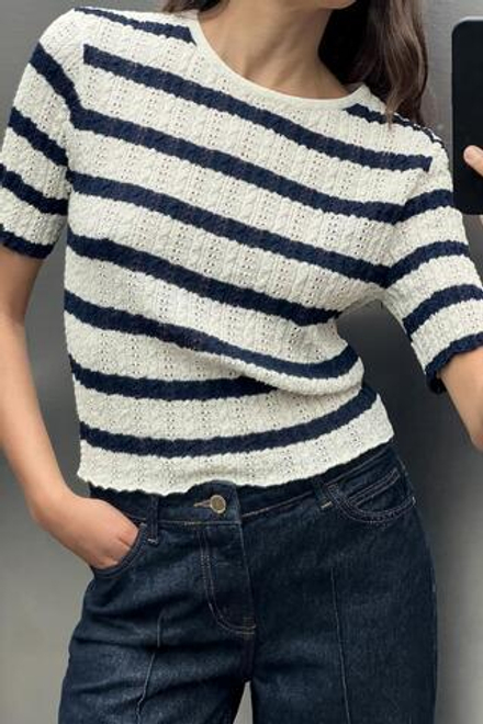 ZARA ФУТБОЛКА ОВЕРСАЙЗ В ПОЛОСКУ, ТЕМНО-СИНИЙ/БЕЛЫЙ